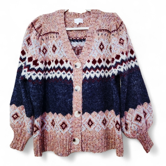 Entro Fair Isle Cardigan Sweater Metallic Threads Puff Sleeve V Neck Buttons - Picture 4 of 15